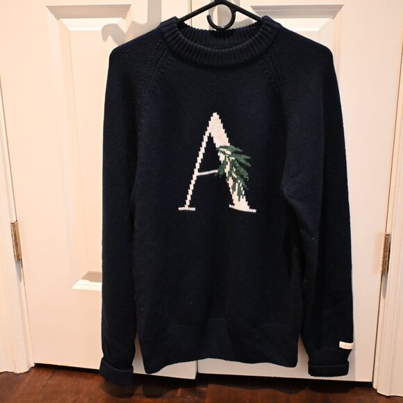 Aime Leon Dore Knit Logo Crewneck Raglan Sweater Navy w/ Olive Branch FW21 - Picture 2 of 7